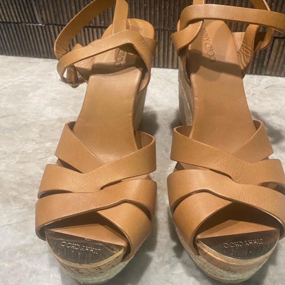 Jimmy Choo Tan Leather Cork Wedge Sandals - Picture 3 of 5